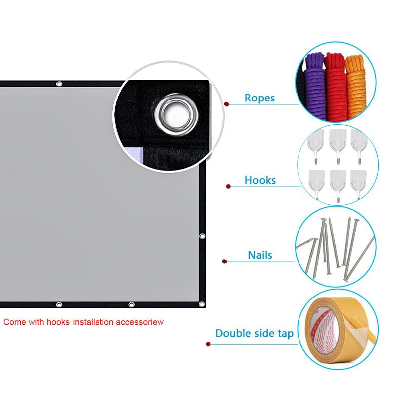 Pantalla anti-luz gris con ojal y detalle de fijación: cuerdas, ganchos y clavos