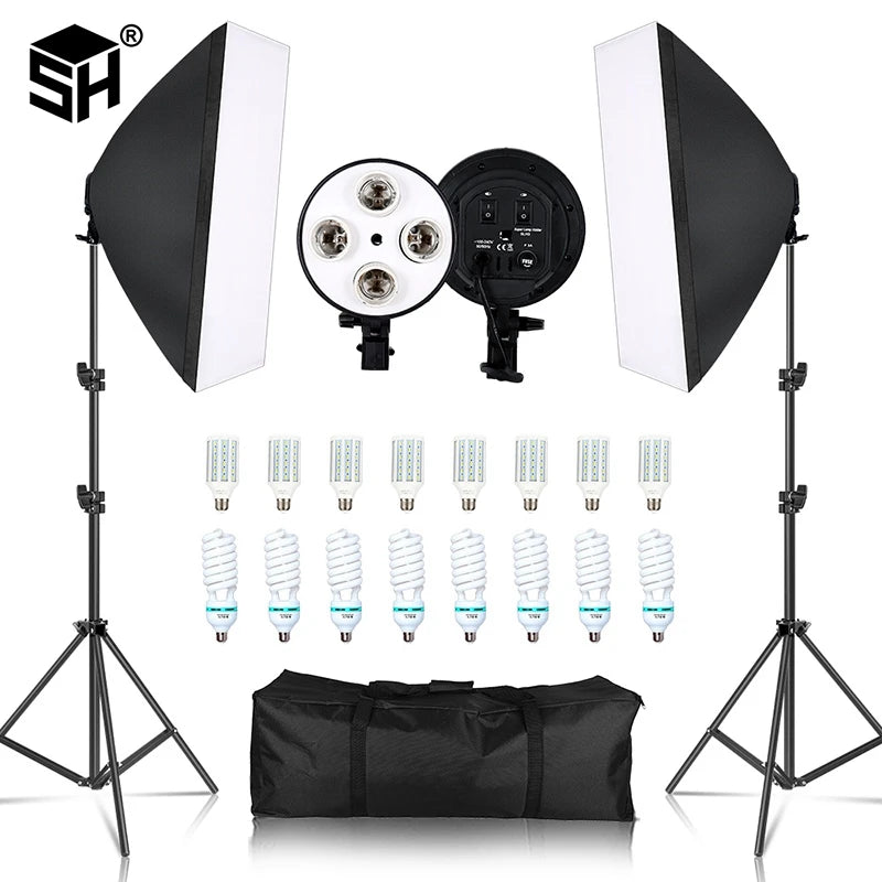SH 50x70CM Kit de caja blanda de cuatro lámparas iluminación fotográfica con 8 Uds bombilla caja suave iluminación fotográfica accesorios para fotografía de cámara