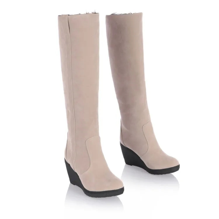 Moda clásica de invierno, botas de piel para mantener el calor, tacones altos para mujer, botas de nieve hasta la rodilla con plataforma, zapatos de cuña de piel cálidos para mujer
