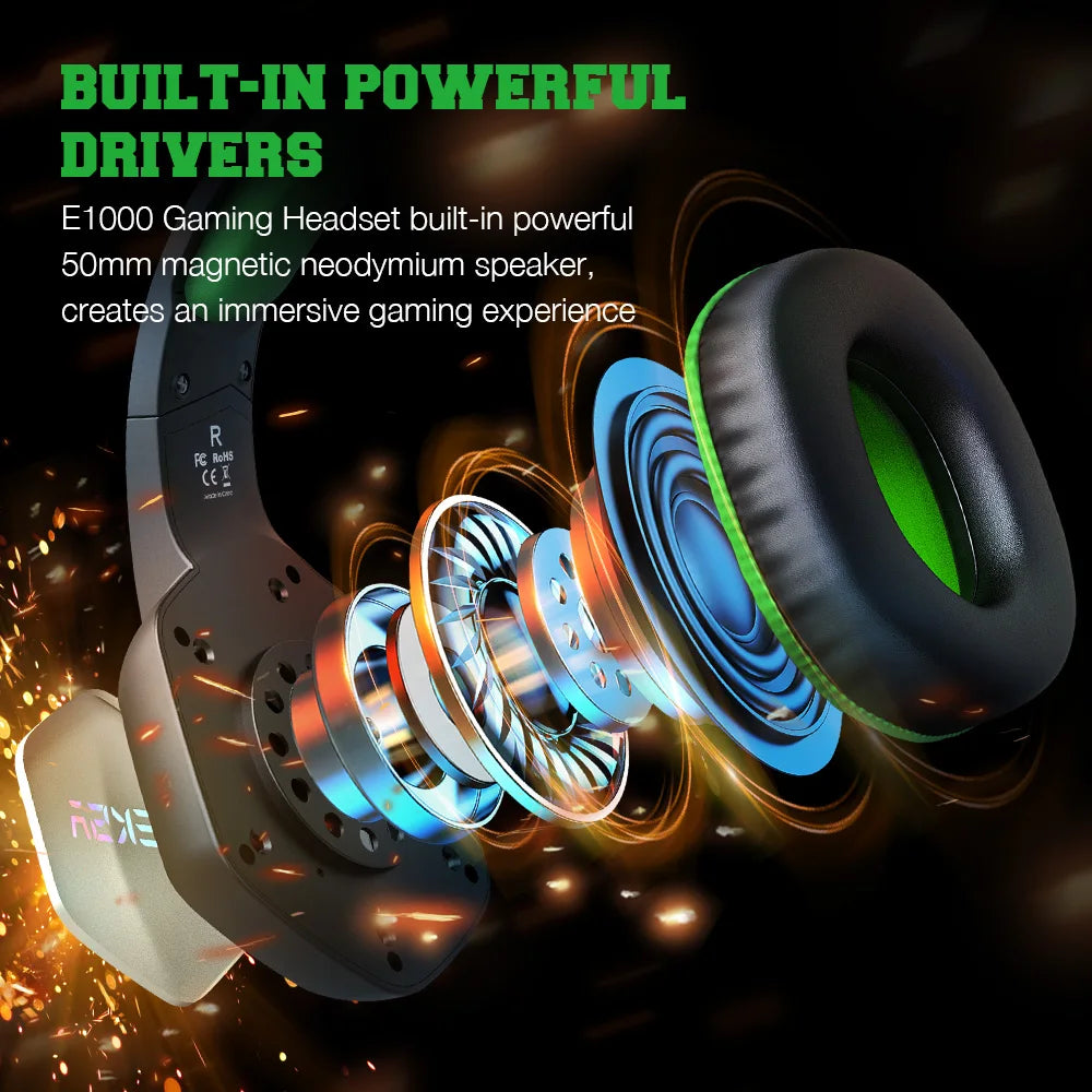 Audífonos gaming negros con drivers 50 mm, iluminación RGB en tonos azules y verdes