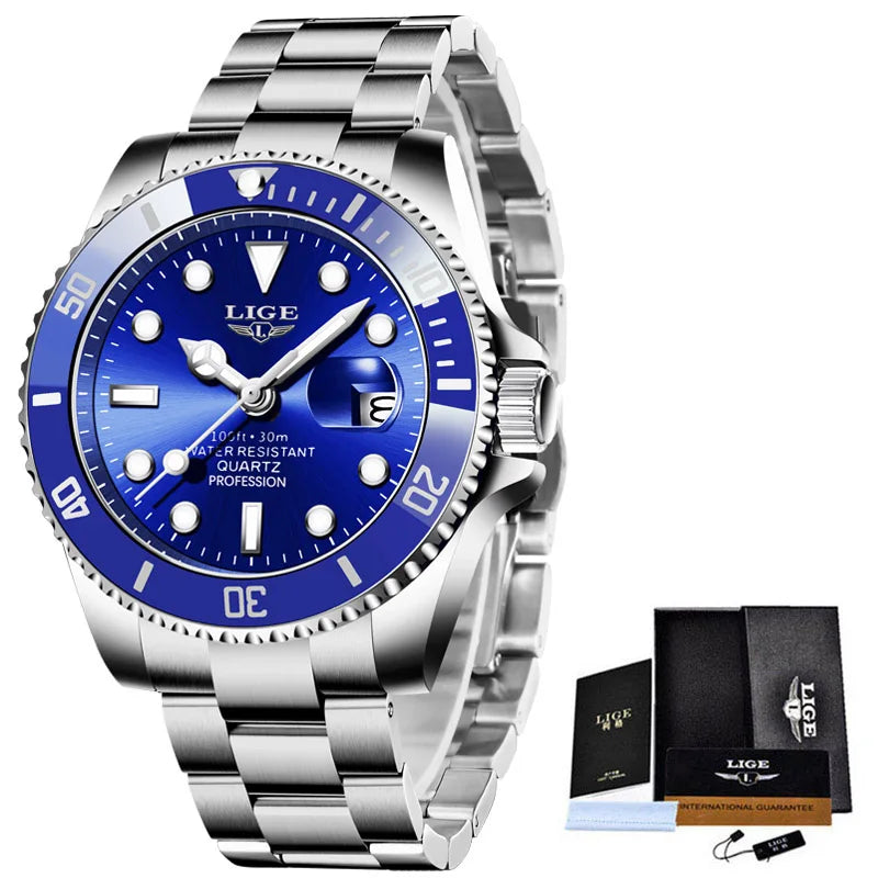 Reloj de pulsera deportivo para hombre LIGE, de cuarzo, marca de lujo, estilo buceo, resistente al agua 30ATM, con calendario.