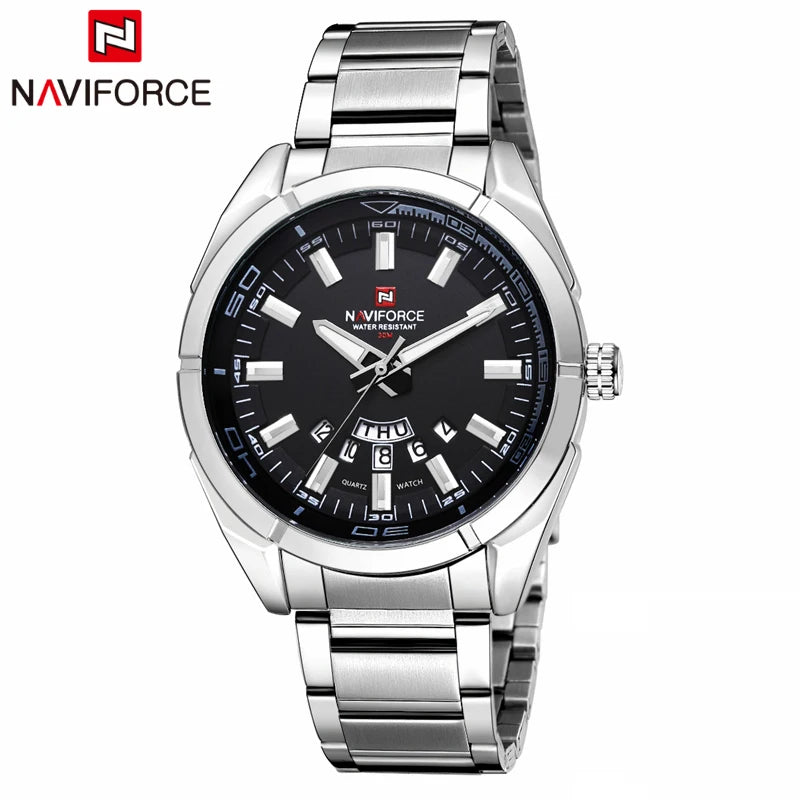 Reloj de cuarzo para hombre NAVIFORCE, plateado, de moda, lujo, estilo militar, deportivo, resistente al agua, con visualización de fecha y día