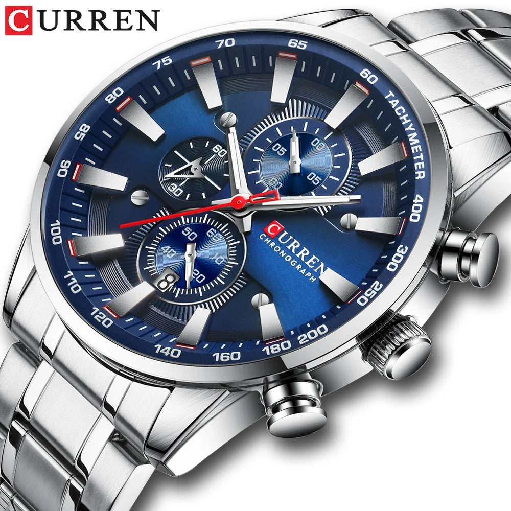Reloj Curren para hombre, marca de lujo de alta gama, esfera grande, reloj de cuarzo azul, cronógrafo deportivo, reloj de pulsera para hombre, de acero inoxidable con fecha
