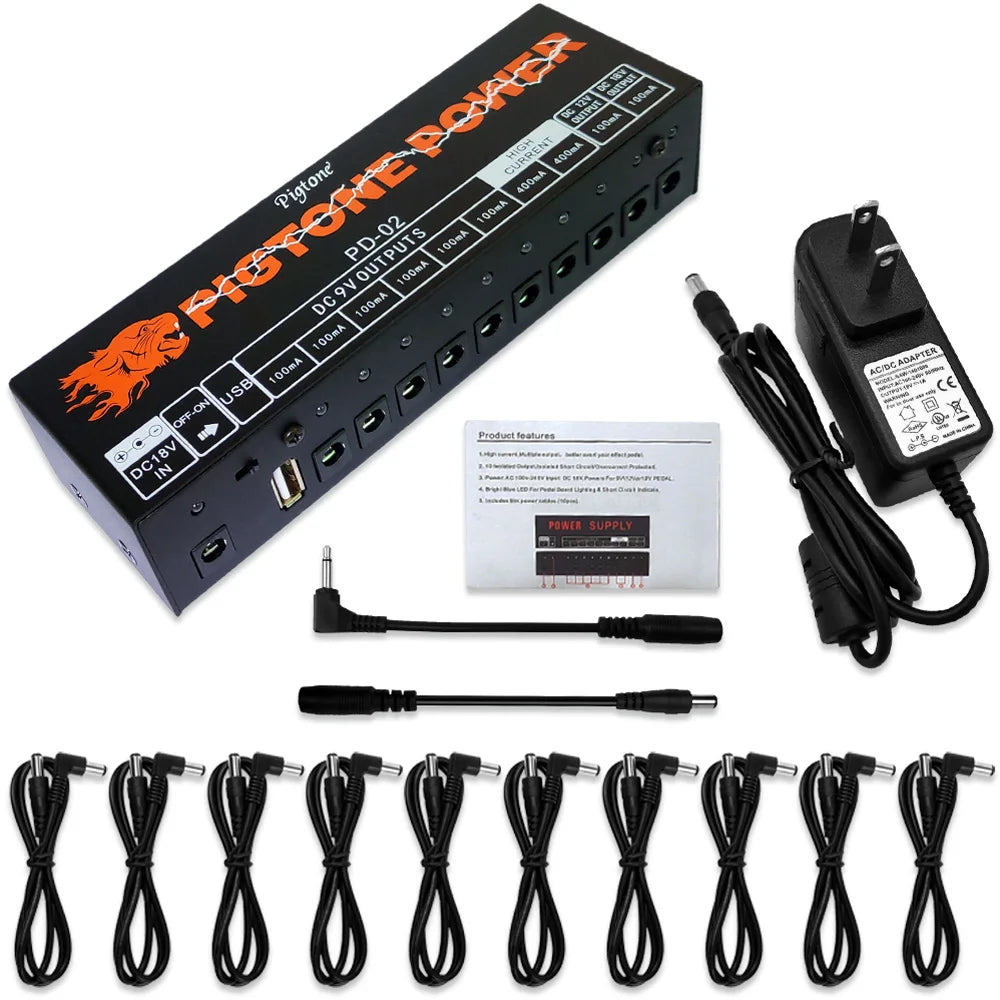 Pigtone-fuente de alimentación de Pedal de guitarra PD-02, salida de 10 vías, efectos de guitarra eléctrica, con carga USB