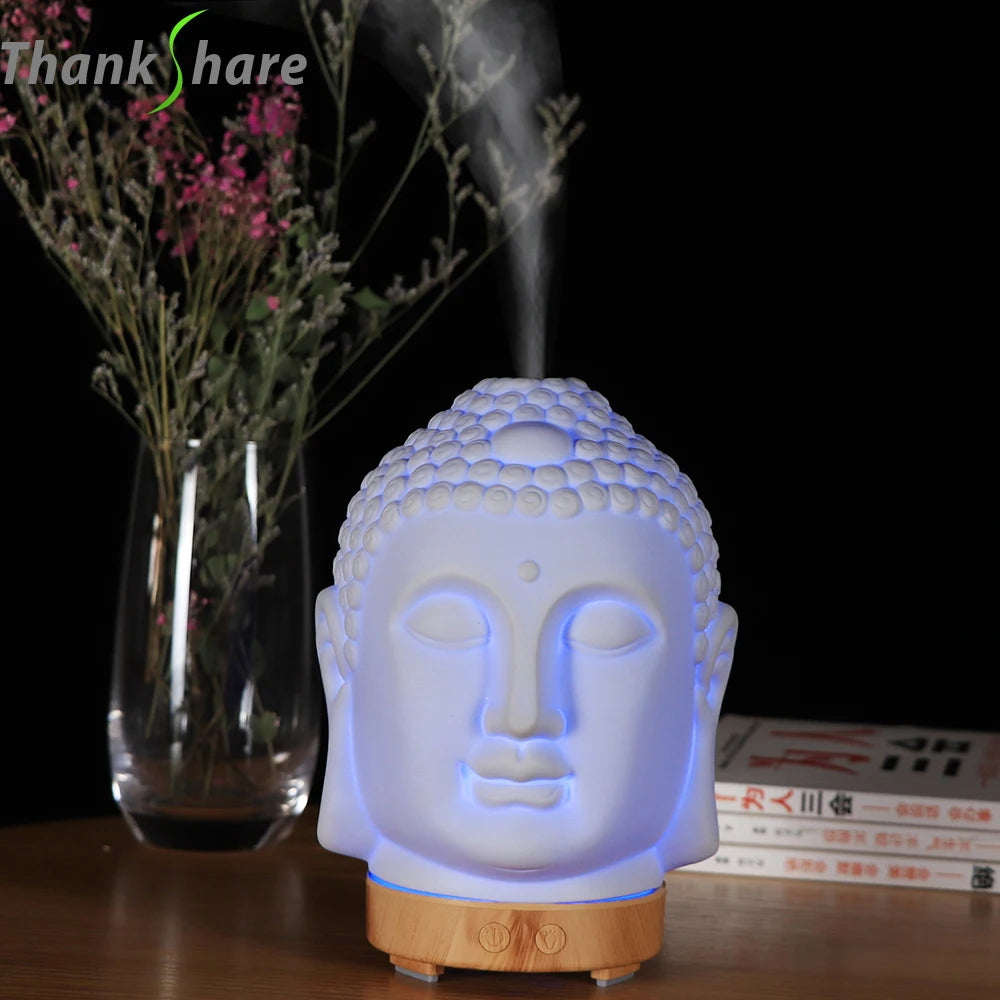 Difusor de Aceites Esenciales de 100ml con Cabeza de Buda, Humidificador con Lámpara Nocturna, Difusor de Aromaterapia para el Hogar