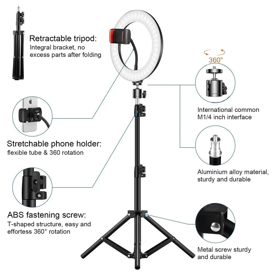 Anillo de luz LED para Selfie de 10 "y 26cm, luz para fotografía y vídeo, soporte para teléfono, trípode, luz de relleno, lámpara regulable, transmisión Trepied