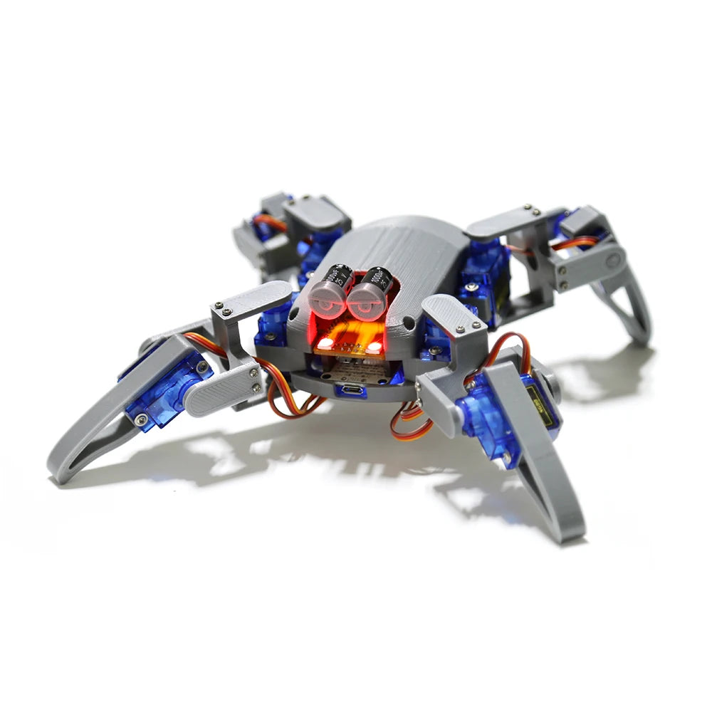 Kit de robot araña cuadrúpedo con chasis gris, servos azules y circuito con cables