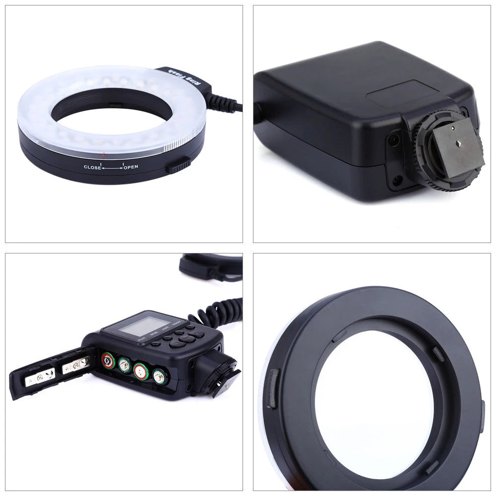 Flash de Anillo LED Macro HD-130 con 8 Anillos Adaptadores para Cámaras DSLR Canon, Nikon, Pentax, Olympus, Panasonic, Flash V HD130