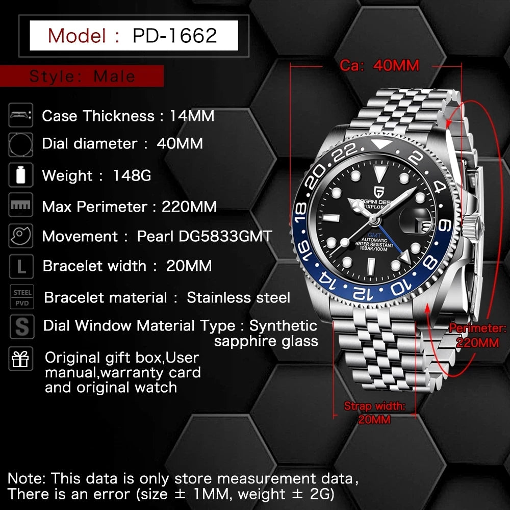 PAGANI DESIGN Reloj automático para hombre, cristal de zafiro, 40 mm, cerámica, GMT, reloj de pulsera mecánico, marca de lujo, deportivo, impermeable