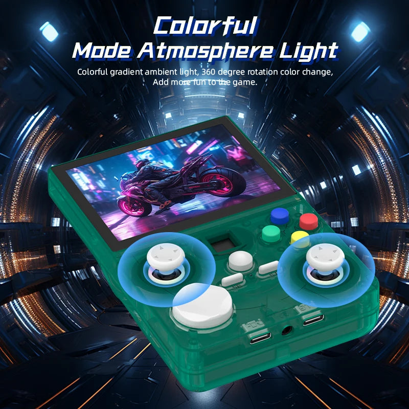 Consola portátil retro verde transparente con pantalla, botones y sticks