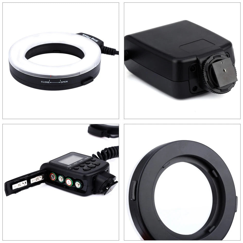 Flash de Anillo LED Macro HD-130 con 8 Anillos Adaptadores para Cámaras DSLR Canon, Nikon, Pentax, Olympus, Panasonic, Flash V HD130