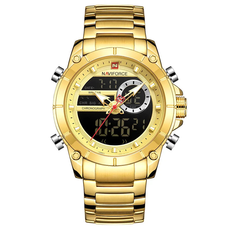 Reloj deportivo militar de lujo para hombre NAVIFORCE, totalmente de acero, resistente al agua, con doble pantalla digital y analógica