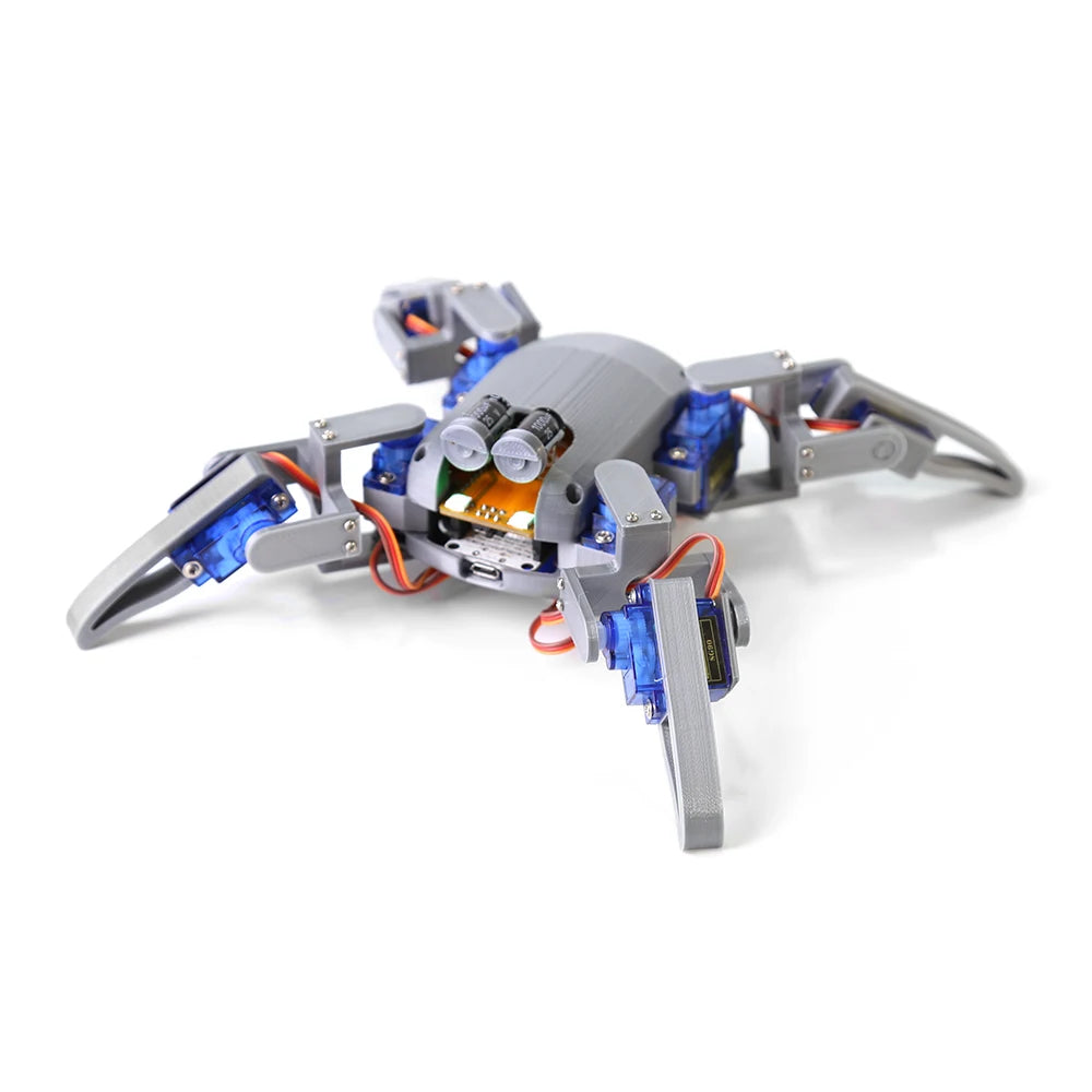 Kit de robot araña cuadrúpedo visto en ángulo, estructura gris, servos azules y placa