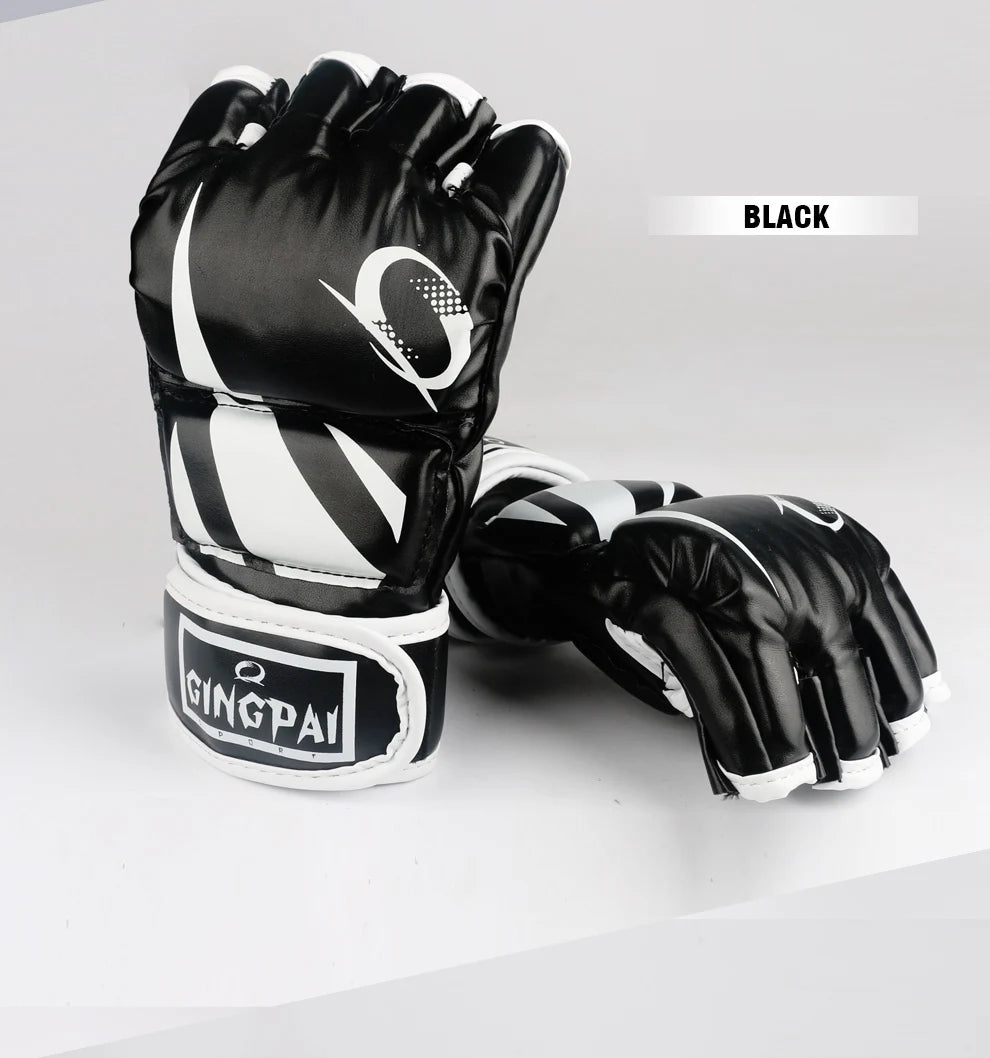 GINGPAI-guantes de boxeo MMA para hombre, guantes de entrenamiento Sanda Muay Thai de medio dedo, guantes de combate de medio dedo, Material PU de Taekwondo