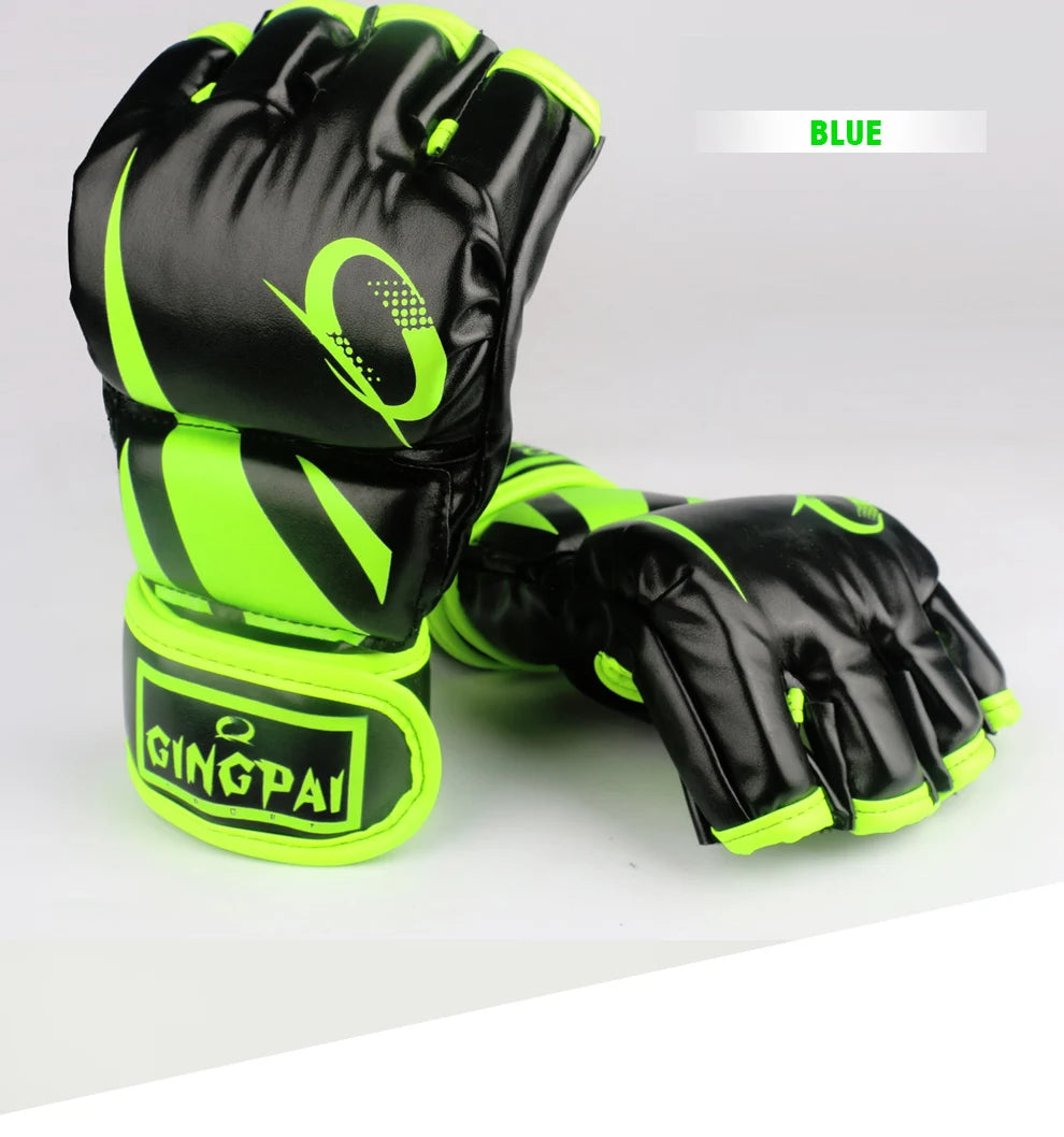 GINGPAI-guantes de boxeo MMA para hombre, guantes de entrenamiento Sanda Muay Thai de medio dedo, guantes de combate de medio dedo, Material PU de Taekwondo