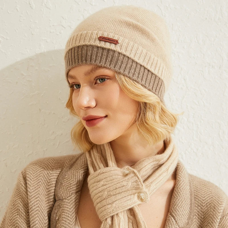 MERRILAMB-Sombrero de Cachemira para mujer, gorros gruesos y cálidos con orejeras, capucha, de punto, 100%