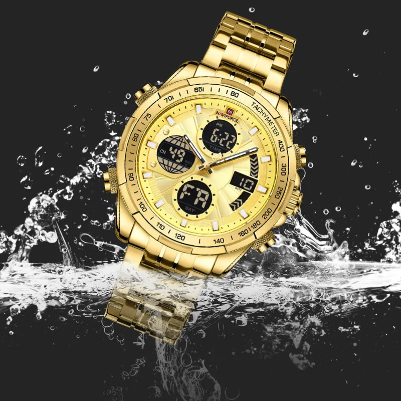 Top Luxury NAVIFORCE Men's Watch Dold Dial Quartz Double Military Time Sports Watch Steel Belt Waterproof Luminous Alarm Clock