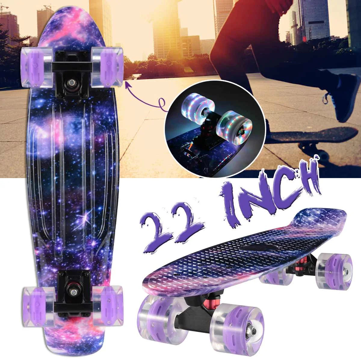 Monopatín de 22 pulgadas, tablero de crucero, 22 "X 6", Retro, Longboard, Skate, gráfico de galaxia, luz Led completa, regalo de Navidad para niño y niña