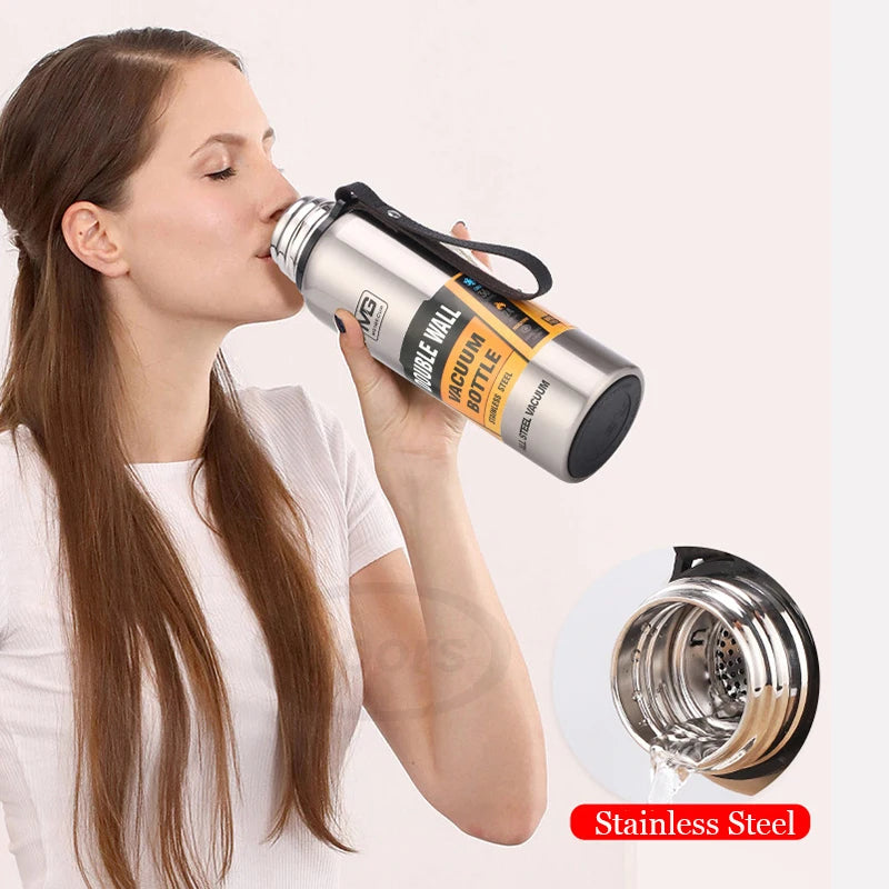 UPORS-Termo Portátil de Acero Inoxidable de Gran Tamaño, Botella Térmica, Frasco de Vacío Amplio, con Vaso Aislante y Cuerda de Agarre, Capacidad de 500/700/1000/1500ml