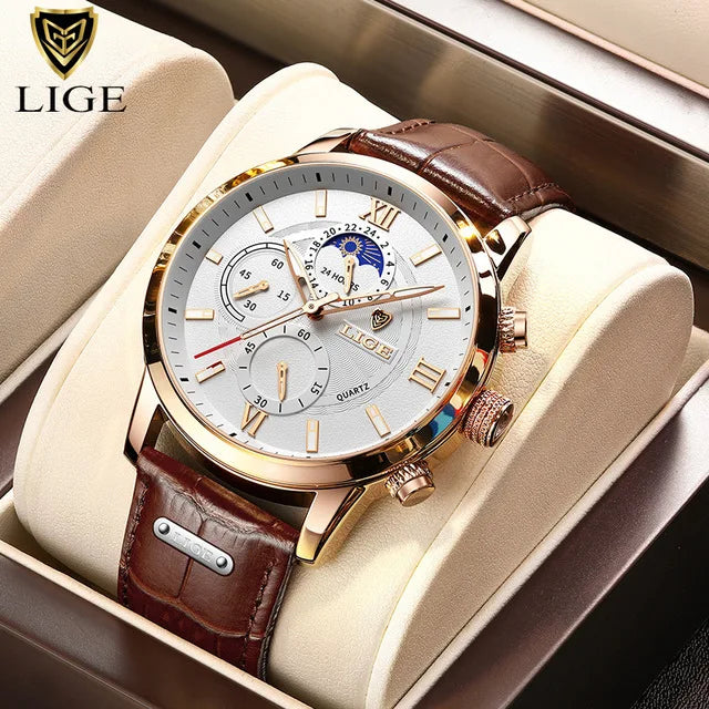 Relojes de moda para hombre LIGE, marca de lujo, reloj de cuarzo informal con correa de piel, reloj deportivo impermeable para hombre, Relogios Masculino + caja