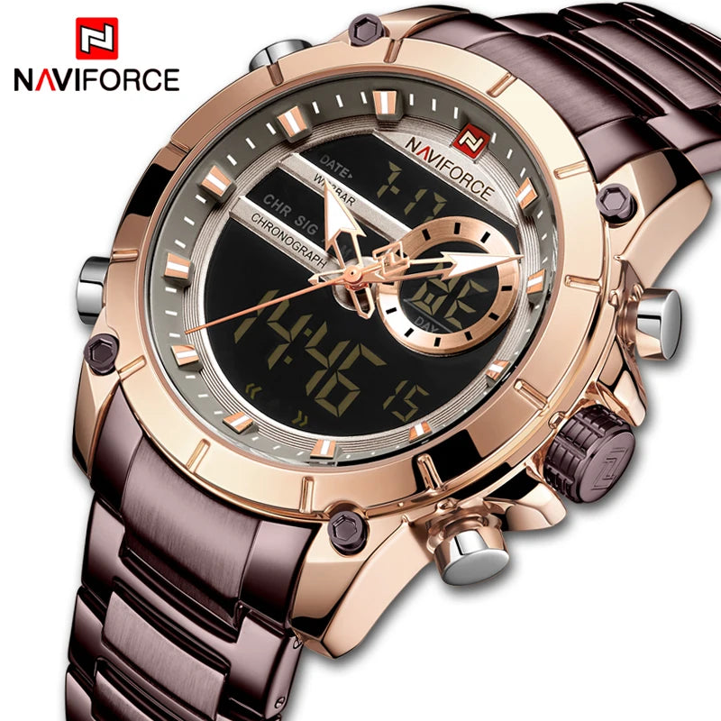 Reloj deportivo militar de lujo para hombre NAVIFORCE, totalmente de acero, resistente al agua, con doble pantalla digital y analógica