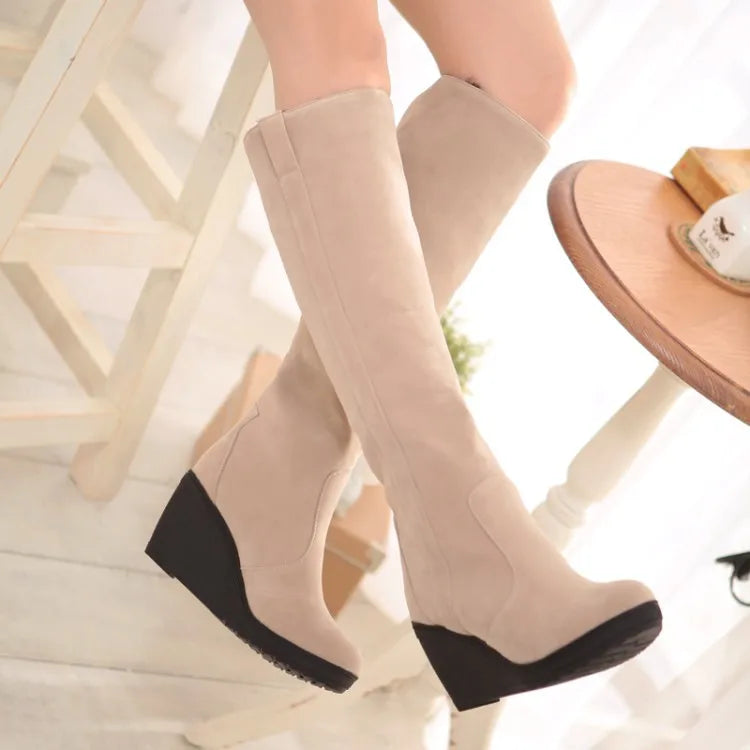Moda clásica de invierno, botas de piel para mantener el calor, tacones altos para mujer, botas de nieve hasta la rodilla con plataforma, zapatos de cuña de piel cálidos para mujer