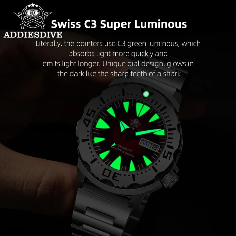 Reloj de buceo para hombre ADDIESDIVE AD2103 de 42 mm con movimiento NH36A, bisel de acero con indicador de día y semana, estilo Captain Willard Monster