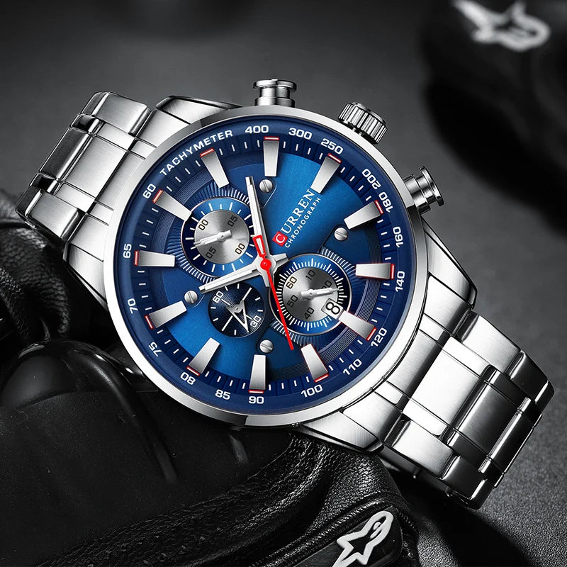 Reloj Curren para hombre, marca de lujo de alta gama, esfera grande, reloj de cuarzo azul, cronógrafo deportivo, reloj de pulsera para hombre, de acero inoxidable con fecha