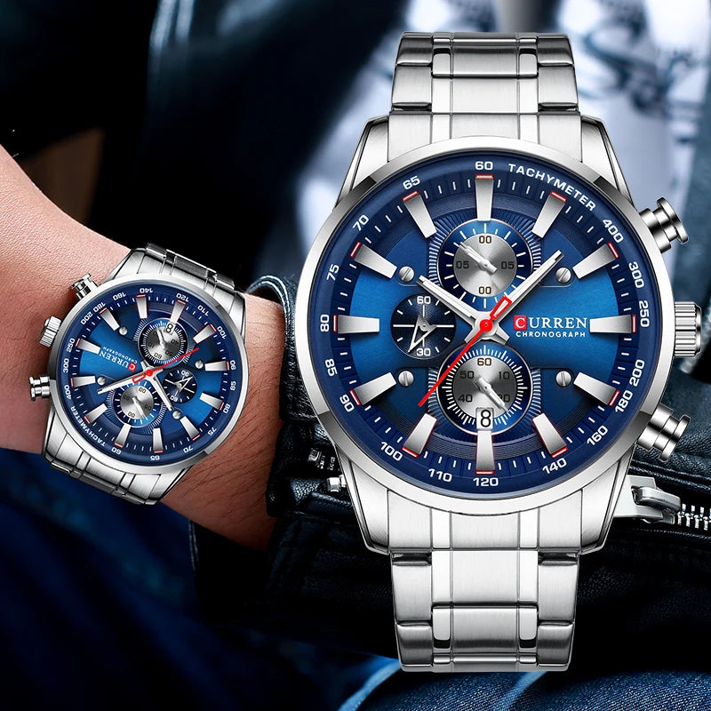 Reloj Curren para hombre, marca de lujo de alta gama, esfera grande, reloj de cuarzo azul, cronógrafo deportivo, reloj de pulsera para hombre, de acero inoxidable con fecha