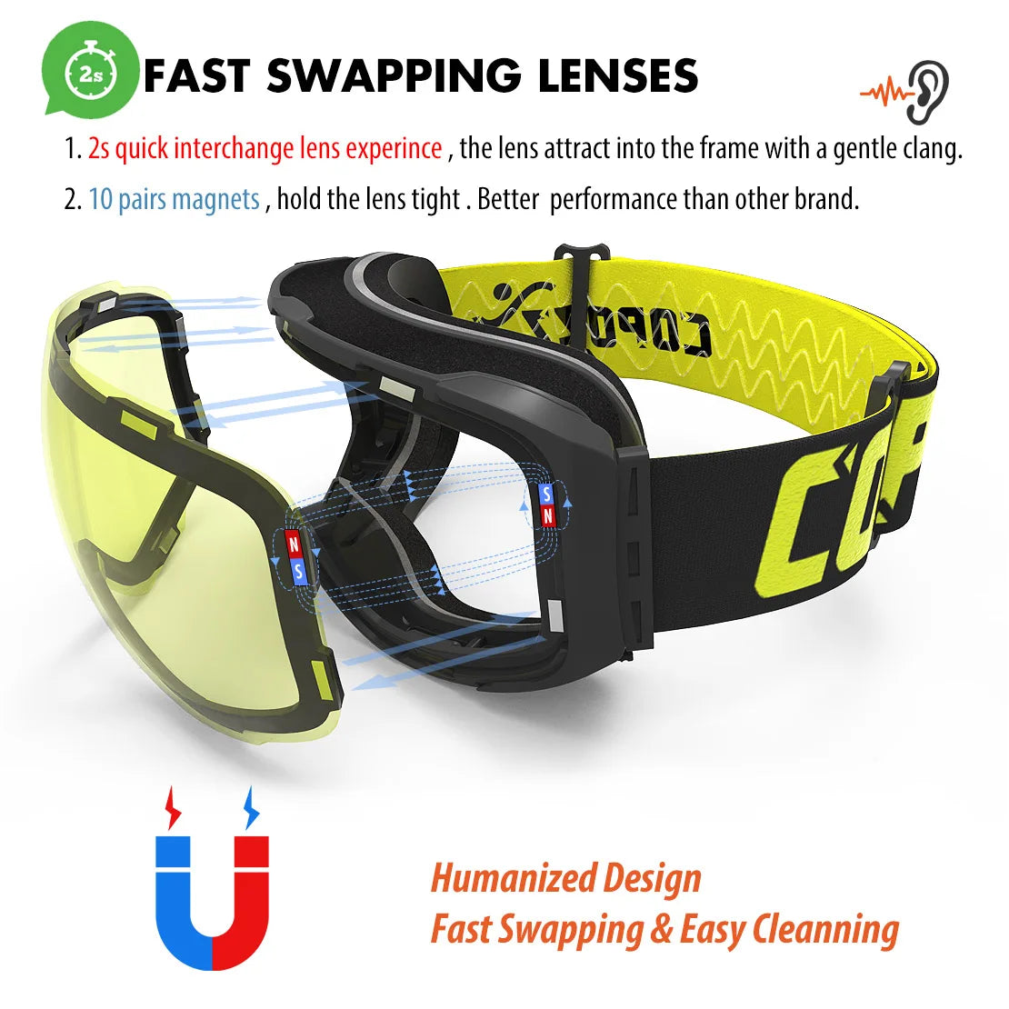 COPOZZ Gafas de esquí magnéticas con lentes de cambio rápido y estuche, protección 100% UV400, gafas de snowboard antivaho para hombres y mujeres