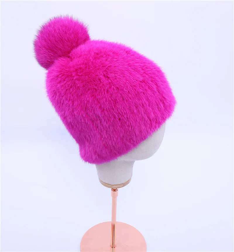 Gorro de piel de visón real para mujer, gorro de punto con pompones de piel de zorro, grueso, elástico, 100%, para invierno, 2017