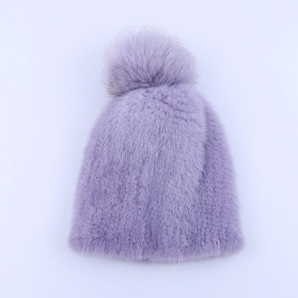 Gorro de piel de visón real para mujer, gorro de punto con pompones de piel de zorro, grueso, elástico, 100%, para invierno, 2017
