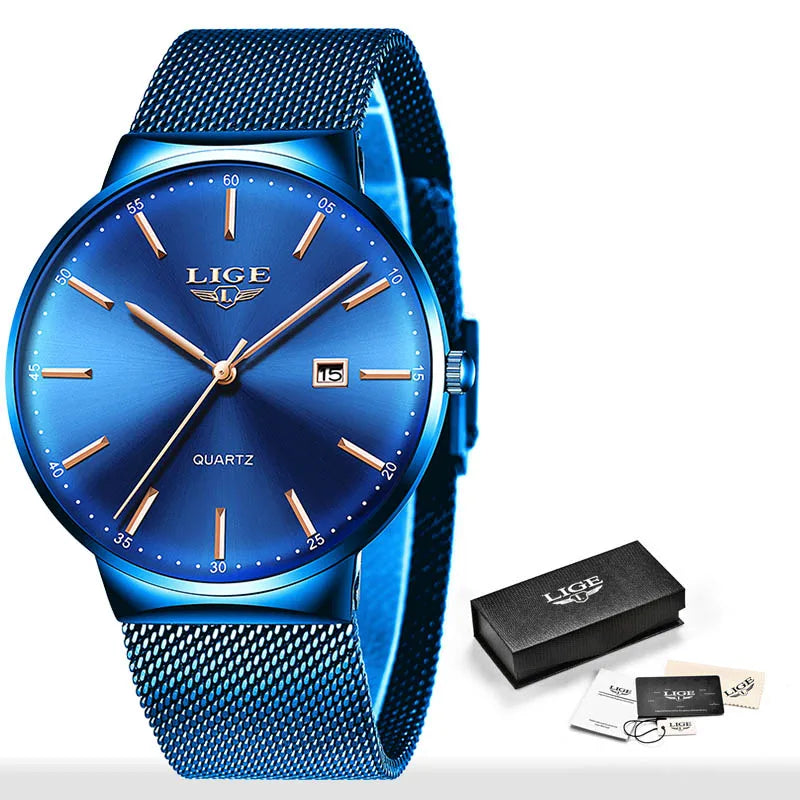 LIGE 2025 Reloj de cuarzo azul para hombre, marca de lujo, reloj de pulsera deportivo impermeable para hombre