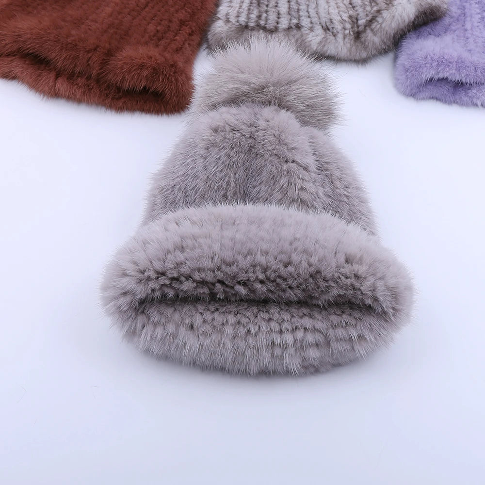 Gorro de piel de visón real para mujer, gorro de punto con pompones de piel de zorro, grueso, elástico, 100%, para invierno, 2017