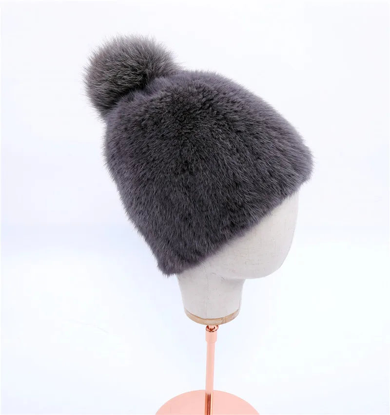Gorro de piel de visón real para mujer, gorro de punto con pompones de piel de zorro, grueso, elástico, 100%, para invierno, 2017
