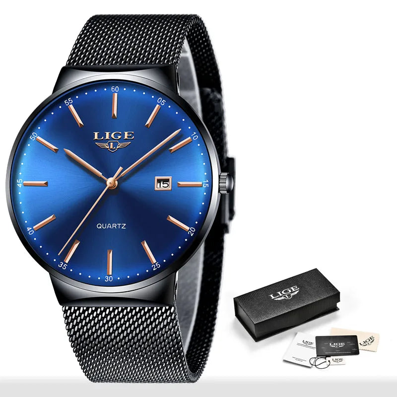 LIGE 2025 Reloj de cuarzo azul para hombre, marca de lujo, reloj de pulsera deportivo impermeable para hombre