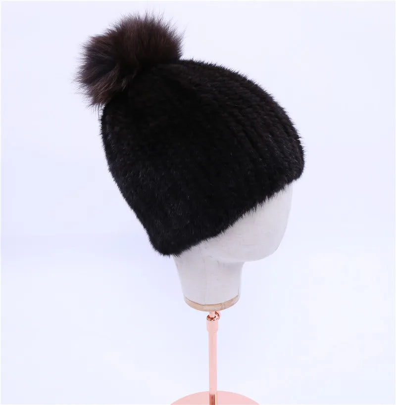 Gorro de piel de visón real para mujer, gorro de punto con pompones de piel de zorro, grueso, elástico, 100%, para invierno, 2017