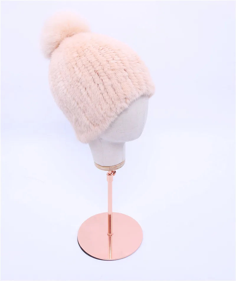 Gorro de piel de visón real para mujer, gorro de punto con pompones de piel de zorro, grueso, elástico, 100%, para invierno, 2017