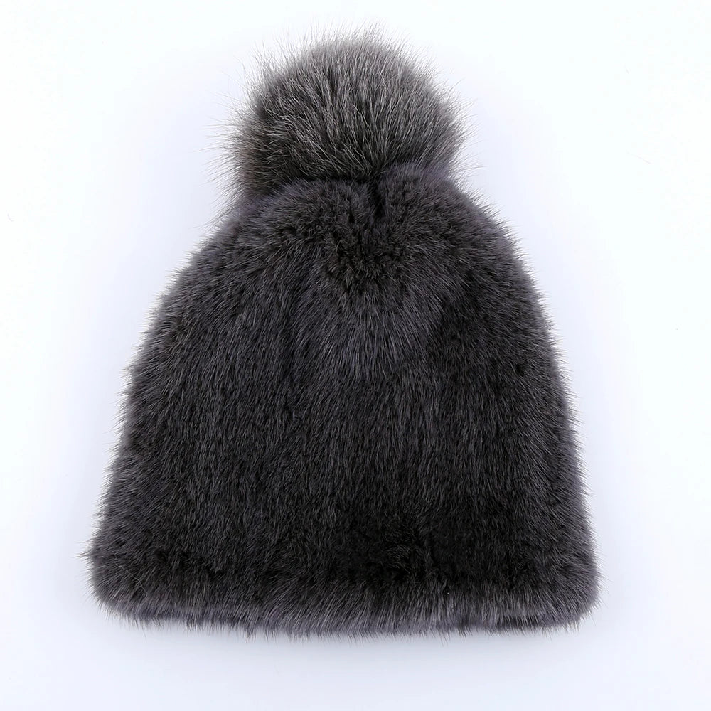 Gorro de piel de visón real para mujer, gorro de punto con pompones de piel de zorro, grueso, elástico, 100%, para invierno, 2017