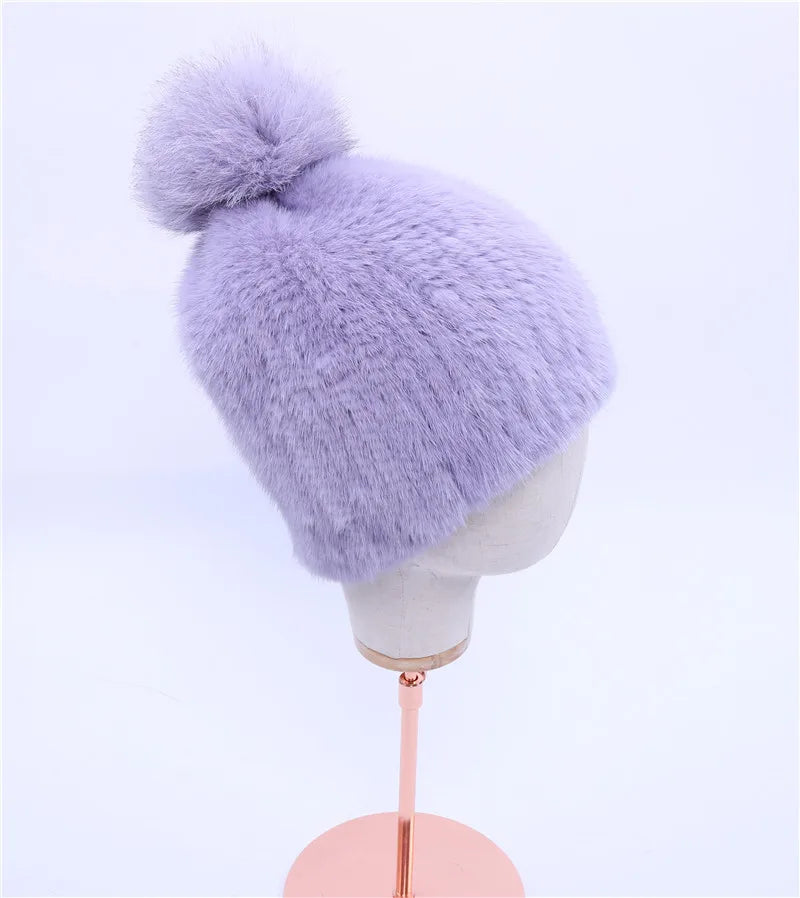 Gorro de piel de visón real para mujer, gorro de punto con pompones de piel de zorro, grueso, elástico, 100%, para invierno, 2017