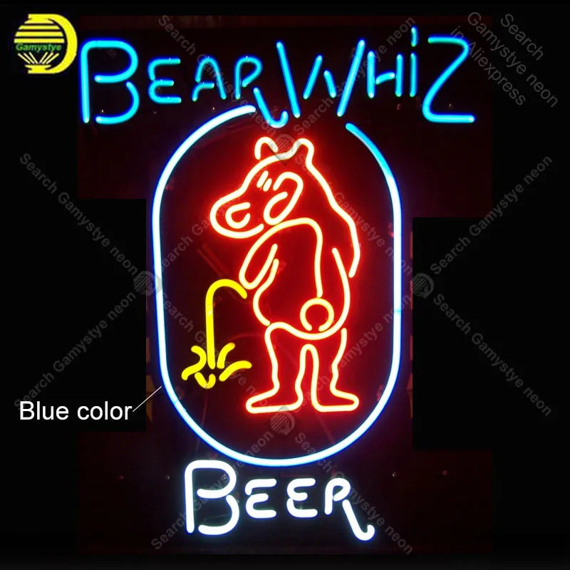 Letrero de neón con oso en círculo y texto «Beer», tubos azules y rojos