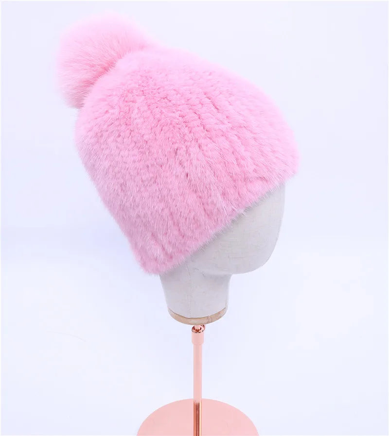 Gorro de piel de visón real para mujer, gorro de punto con pompones de piel de zorro, grueso, elástico, 100%, para invierno, 2017