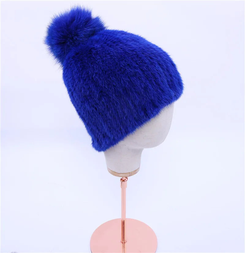 Gorro de piel de visón real para mujer, gorro de punto con pompones de piel de zorro, grueso, elástico, 100%, para invierno, 2017