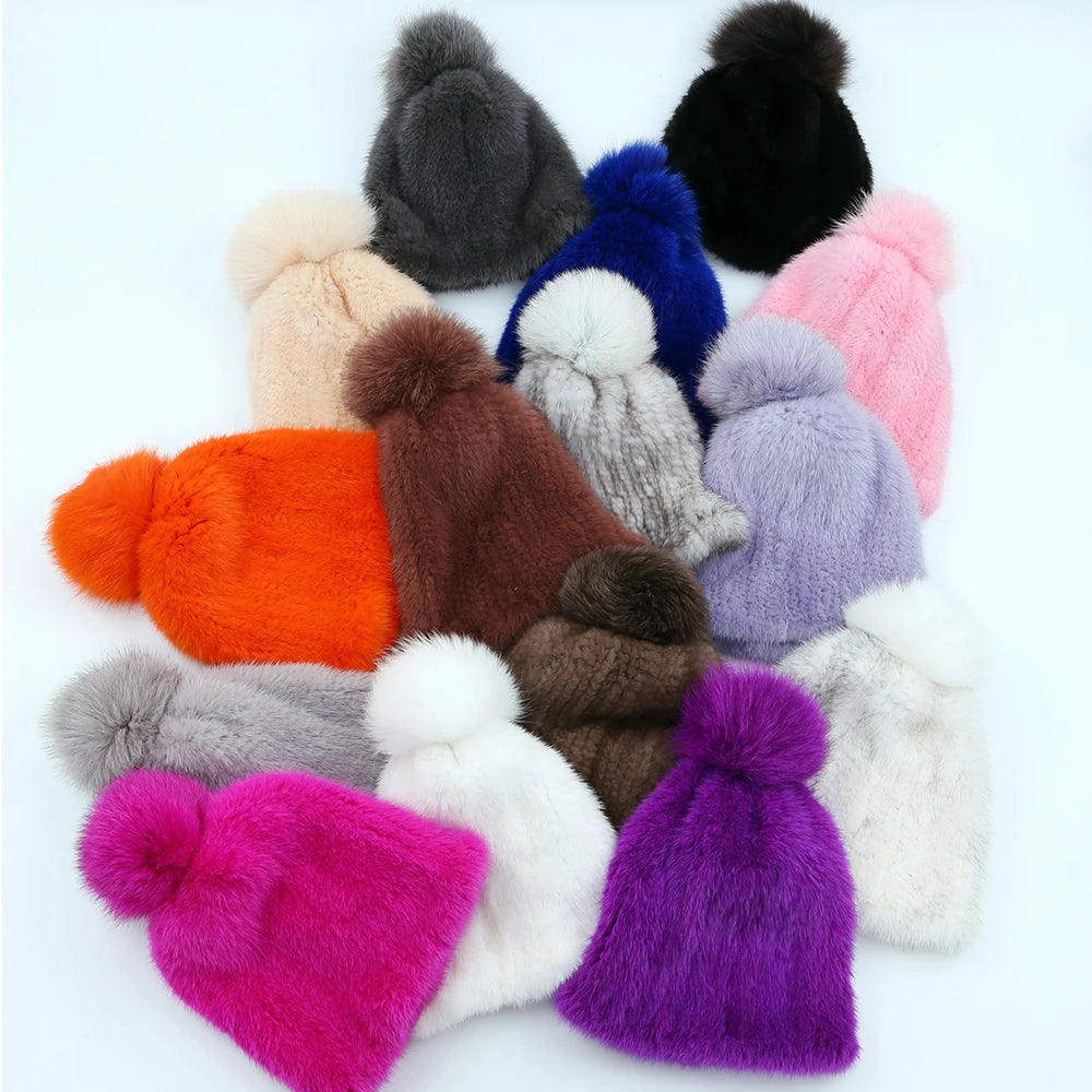 Gorro de piel de visón real para mujer, gorro de punto con pompones de piel de zorro, grueso, elástico, 100%, para invierno, 2017