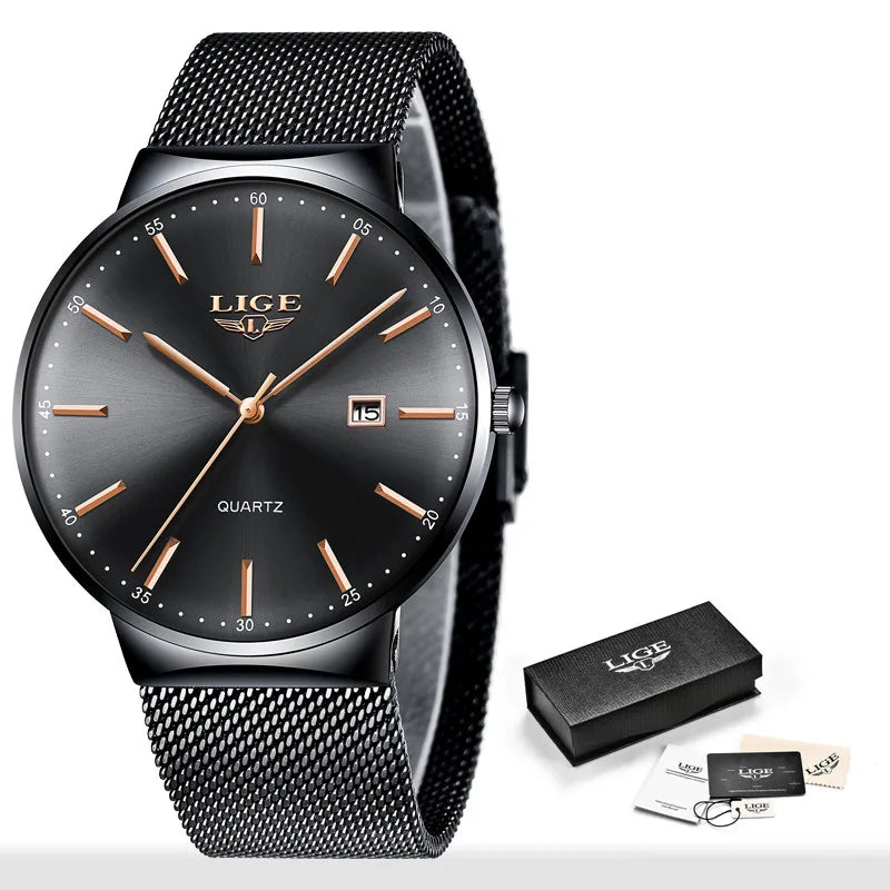 LIGE 2025 Reloj de cuarzo azul para hombre, marca de lujo, reloj de pulsera deportivo impermeable para hombre