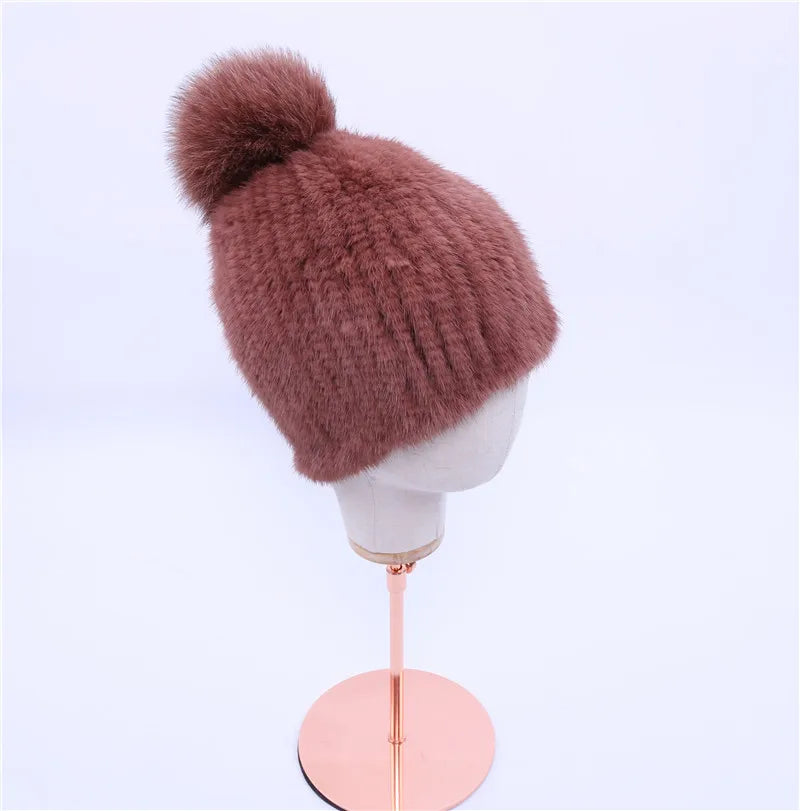 Gorro de piel de visón real para mujer, gorro de punto con pompones de piel de zorro, grueso, elástico, 100%, para invierno, 2017