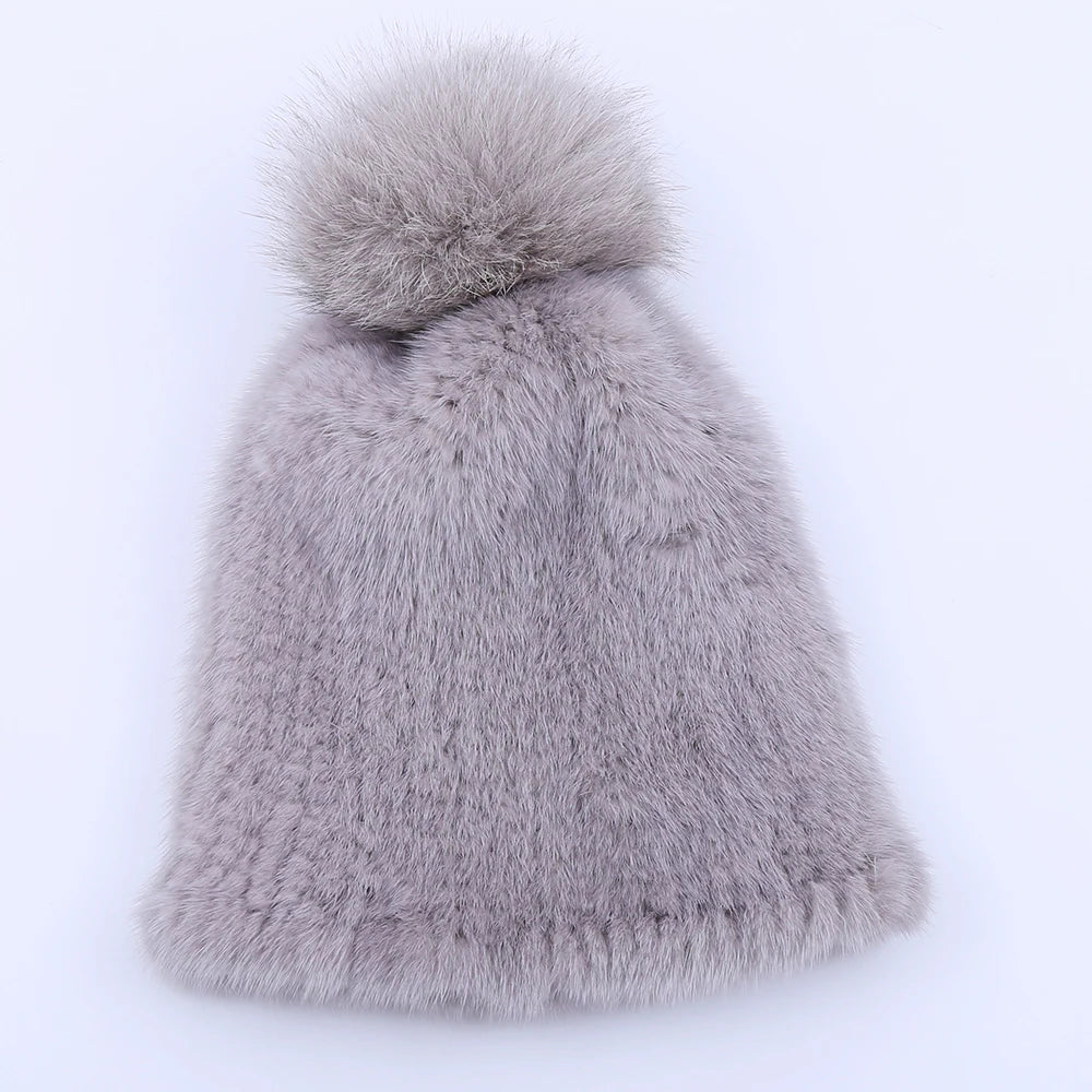 Gorro de piel de visón real para mujer, gorro de punto con pompones de piel de zorro, grueso, elástico, 100%, para invierno, 2017