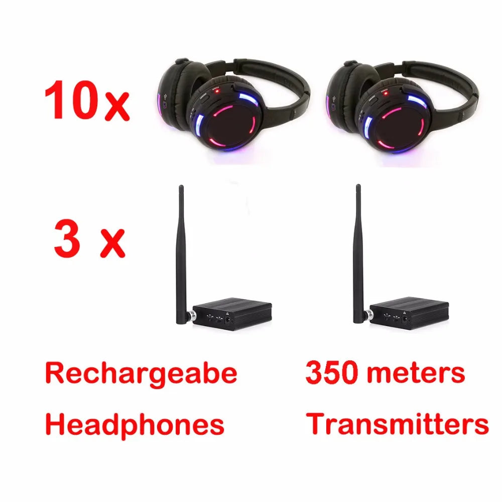Auriculares Profesionales Inalámbricos RF de 500m de Alcance para Silent Disco con 10 LED y 3 Transmisores - Ideales para DJ, Clubes, Fiestas, Reuniones y Transmisiones