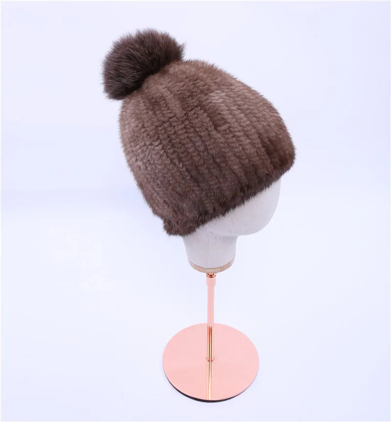 Gorro de piel de visón real para mujer, gorro de punto con pompones de piel de zorro, grueso, elástico, 100%, para invierno, 2017
