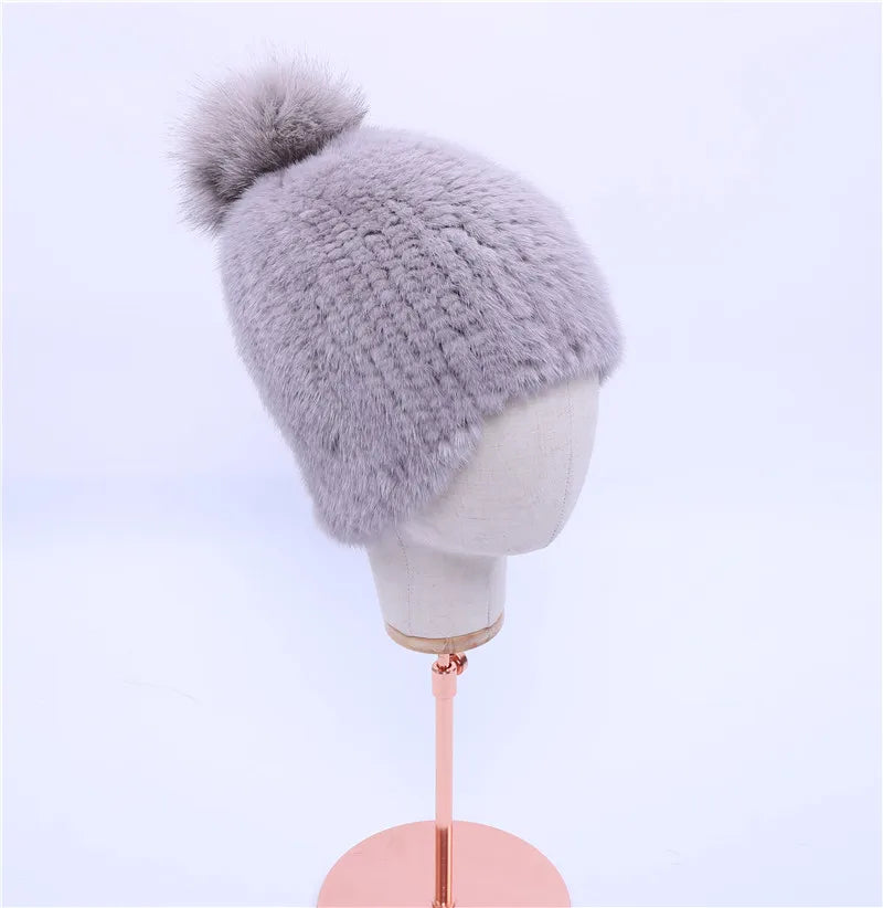 Gorro de piel de visón real para mujer, gorro de punto con pompones de piel de zorro, grueso, elástico, 100%, para invierno, 2017